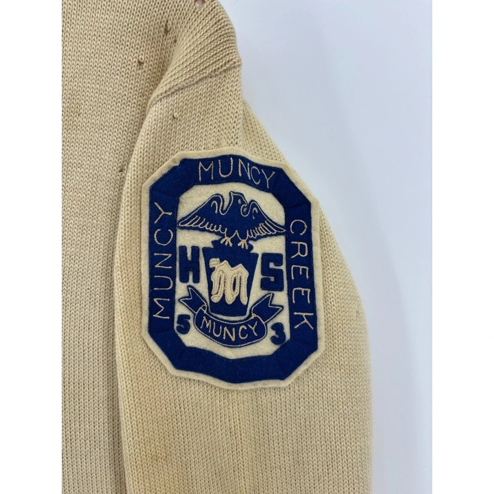 Varsity Natch Cardigan Sweater Mens Beige Wool Muncy Creek Patch 40 Vintage